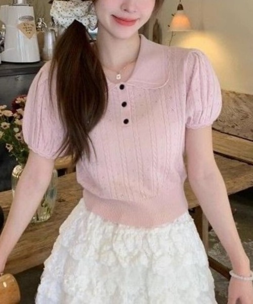 Beststore(ベストストア)の「フレンチガーリー 襟付きサマーニット パフスリーブ 半袖 ポロシャツ(ニット/セーター・レディース・グレー/アイボリー/ピンク・FREE)」の22枚目の写真