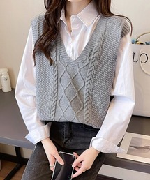 ケーブル編みVネックニットベスト ニットジレ春秋冬 【オフィスカジュアル】【きれいめカジュアル】 春服 秋服 冬服 レディース韓国風