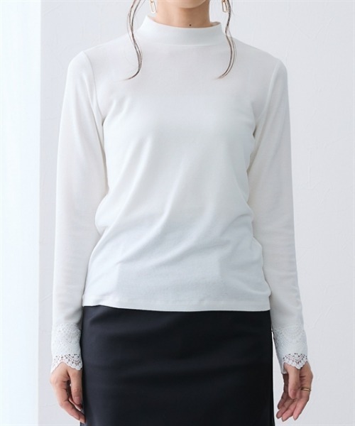 7days Life Styling(セブンデイズライフスタイリング)の「袖口レースモックネックシアーリブトップス(Tシャツ/カットソー・レディース・オフホワイト/ブラック・LL/3L/M/L)」の9枚目の写真