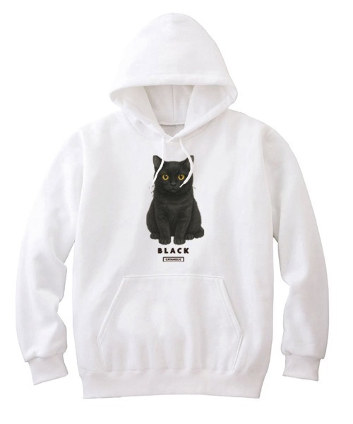 Moftique(モフティック)の「Moftique(モフティック) プルパーカー スウェット 裏毛 黒猫 キャット ペット アニマル プリント トップス レディース ユニセックス(パーカー・レディース・ホワイト/ブラック/ヘザーグレー・S/XS)」の2枚目の写真
