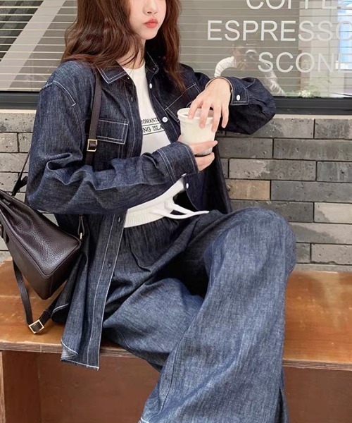 FAVORITO(ファヴォリート)の「デニムシャツワイドパンツセットアップ(セットアップ・レディース・ダークブルー・L/M/S)」の3枚目の写真