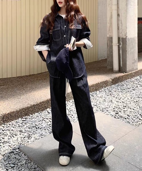 FAVORITO(ファヴォリート)の「デニムシャツワイドパンツセットアップ(セットアップ・レディース・ダークブルー・L/M/S)」の13枚目の写真