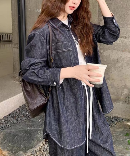 FAVORITO(ファヴォリート)の「デニムシャツワイドパンツセットアップ(セットアップ・レディース・ダークブルー・L/M/S)」の2枚目の写真