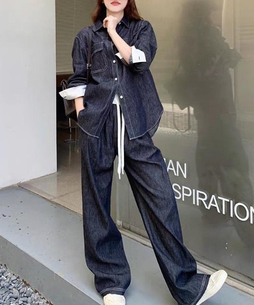 FAVORITO(ファヴォリート)の「デニムシャツワイドパンツセットアップ(セットアップ・レディース・ダークブルー・L/M/S)」の9枚目の写真