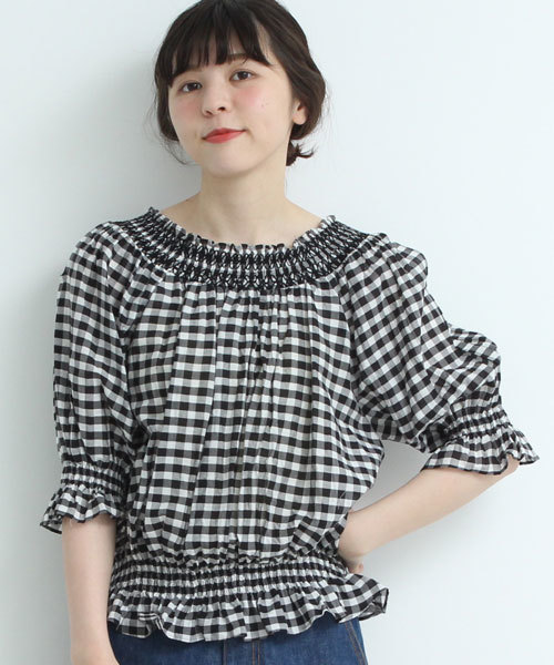 Child Woman チャイルドウーマン の ギンガムボイル スモッキング刺繍ボリュームブラウス シャツ ブラウス Wear