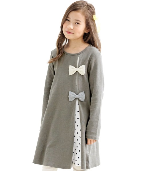 Bee des Bee（ビーデスビー）の「ダブルリボンワンピース（ワンピース・キッズ・ワイン/ブラック/ピンク/テラコッタ/ベージュ/ブラウン/ラベンダー/ネイビー/グレイッシュベージュ/パープル/グレー/アイボリー/ピンク系/パープル系その他/ベージュ系/サックスブルー/ライトベージュ/カーキオリーブ/ミント/ブラウン系2/ブラック系/ピンク系1/ブラック系2/ブラウン系・150cm/120cm/130cm/140cm/100cm/110cm）」の5枚目の写真