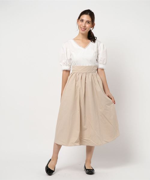 KOBE LETTUCE（コウベレタス）の「バルーン袖ドッキングロング丈フレアワンピース（ワンピース・レディース・ホワイト×ブラック/ブラック×ブラック/ベージュ系その他・FREE）」の7枚目の写真