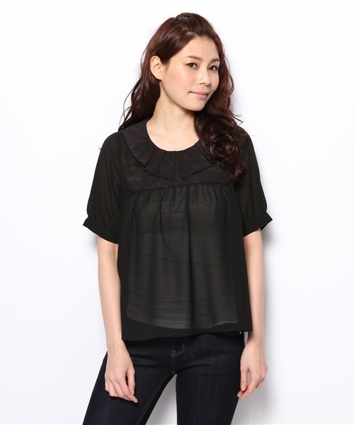 OUTLET（アウトレット）の「【mystic】タック衿半袖プルオーバー（シャツ/ブラウス・レディース・オフホワイト/ネイビー/ブラック・FREE）」の2枚目の写真