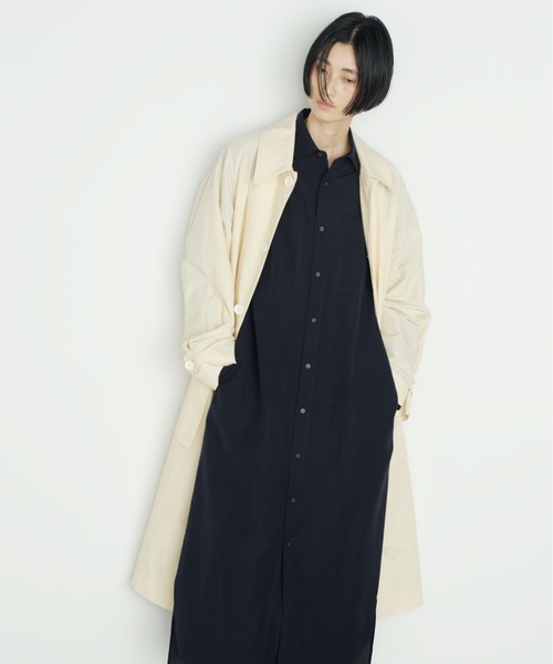 UNDECORATED(アンデコレイテッド)の「UNDECORATED アンデコレイテッド / Recycle Nylon Organic Cotton Coat リサイクルナイロン オーガニックコットン ロングコート / UDS22501(ステンカラーコート・メンズ・ブラック/ナチュラル/ダークブラウン・3/0/2/1)」の3枚目の写真