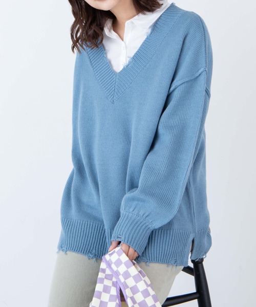 WEGO（ウィゴー）の「WEGO/ビックダメージVネックニット（ニット/セーター・レディース・ブルー/ブラウン/マスタード/オフホワイト/ブラック/その他1/その他2・FREE）」の15枚目の写真