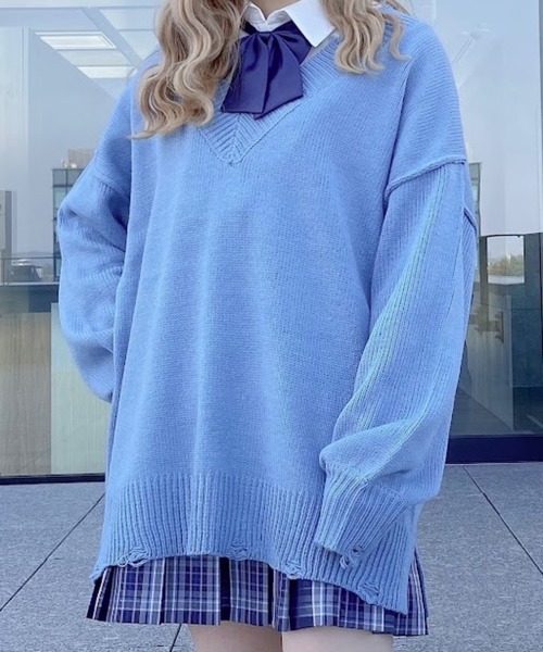 WEGO（ウィゴー）の「WEGO/ビックダメージVネックニット（ニット/セーター・レディース・ブルー/ブラウン/マスタード/オフホワイト/ブラック/その他1/その他2・FREE）」の16枚目の写真