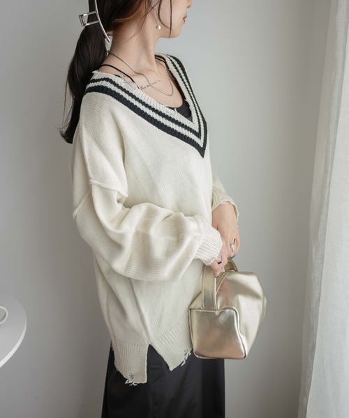 WEGO（ウィゴー）の「WEGO/ビックダメージVネックニット（ニット/セーター・レディース・ブルー/ブラウン/マスタード/オフホワイト/ブラック/その他1/その他2・FREE）」の20枚目の写真