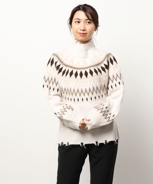 STYLEBLOCK(スタイルブロック)の「求心柄ニットダメージハイネックプルオーバー(ニット/セーター・レディース・ブラック/ホワイト系その他/グレイッシュベージュ/オフホワイト・M)」の7枚目の写真