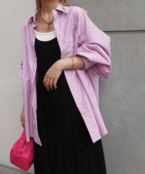 CORNERS（コーナーズ）の「オーバーサイズストライプシャツ（シャツ/ブラウス・レディース・ネイビー/サックスブルー/グリーン/ブラック/ピンク/オレンジ・M）」の18枚目の写真