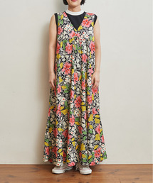 グリーン プリント Vネック マキシワンピース Dot＆Stripes CHILD WOMAN（ドットアンドストライプス