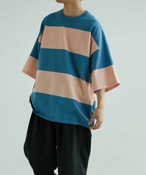 ADAM ET ROPE'（アダムエロペ）の「【WEB限定】ビッグボーダー ハーフスリーブ ルーズニット Tシャツ（Tシャツ/カットソー・メンズ・ブラック/ネイビー/ピンク・M/L）」の3枚目の写真