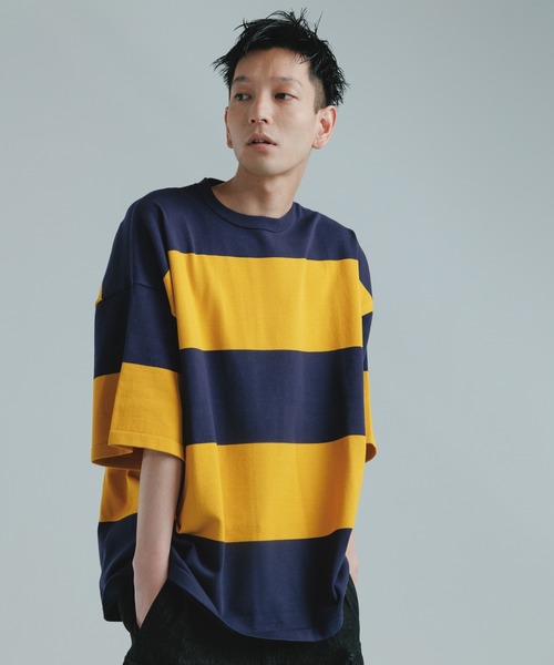 ADAM ET ROPE'（アダムエロペ）の「【WEB限定】ビッグボーダー ハーフスリーブ ルーズニット Tシャツ（Tシャツ/カットソー・メンズ・ブラック/ネイビー/ピンク・M/L）」の13枚目の写真