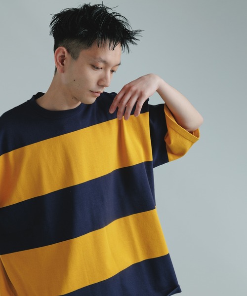 ADAM ET ROPE'（アダムエロペ）の「【WEB限定】ビッグボーダー ハーフスリーブ ルーズニット Tシャツ（Tシャツ/カットソー・メンズ・ブラック/ネイビー/ピンク・M/L）」の10枚目の写真