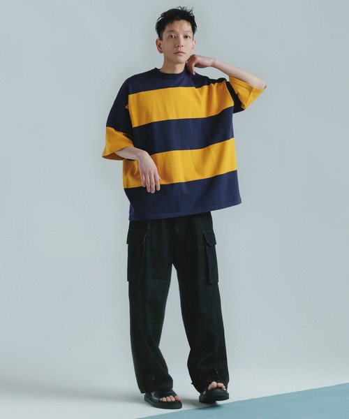 ADAM ET ROPE'（アダムエロペ）の「【WEB限定】ビッグボーダー ハーフスリーブ ルーズニット Tシャツ（Tシャツ/カットソー・メンズ・ブラック/ネイビー/ピンク・M/L）」の20枚目の写真