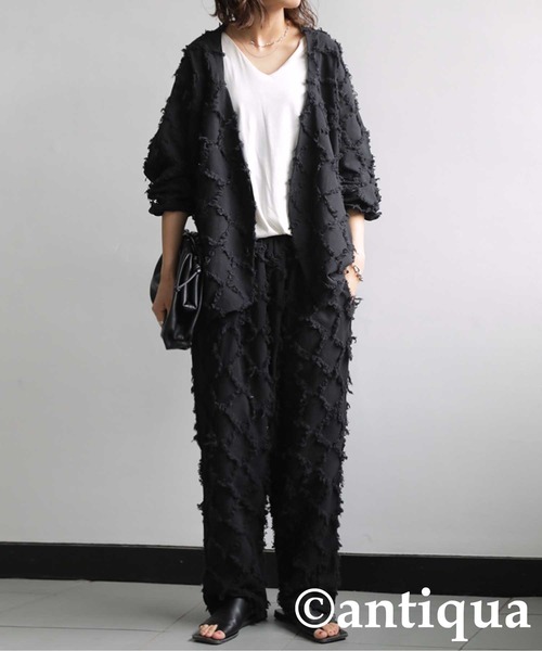 antiqua（アンティカ）の「綿麻フリンジジャケット（テーラードジャケット・レディース・ブラック/ベージュ・FREE）」の3枚目の写真