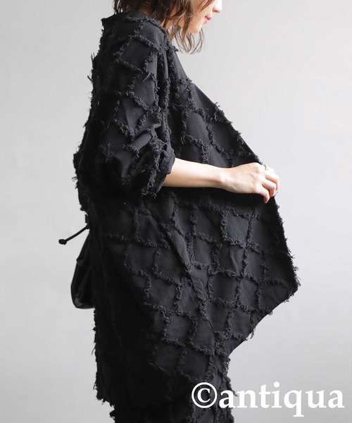 antiqua（アンティカ）の「綿麻フリンジジャケット（テーラードジャケット・レディース・ブラック/ベージュ・FREE）」の4枚目の写真
