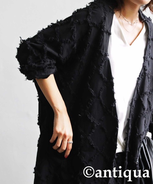 antiqua（アンティカ）の「綿麻フリンジジャケット（テーラードジャケット・レディース・ブラック/ベージュ・FREE）」の5枚目の写真