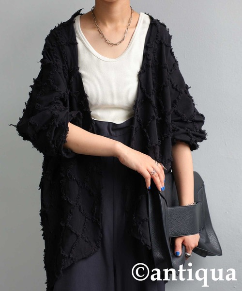 antiqua（アンティカ）の「綿麻フリンジジャケット（テーラードジャケット・レディース・ブラック/ベージュ・FREE）」の6枚目の写真