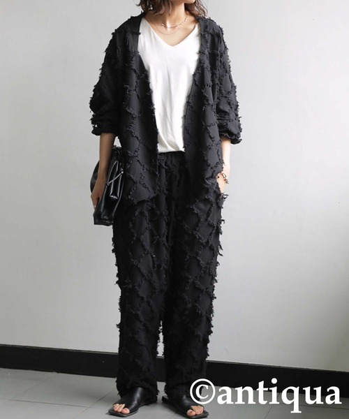 antiqua（アンティカ）の「綿麻フリンジジャケット（テーラードジャケット・レディース・ブラック/ベージュ・FREE）」の7枚目の写真