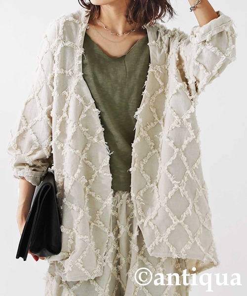 antiqua（アンティカ）の「綿麻フリンジジャケット（テーラードジャケット・レディース・ブラック/ベージュ・FREE）」の14枚目の写真