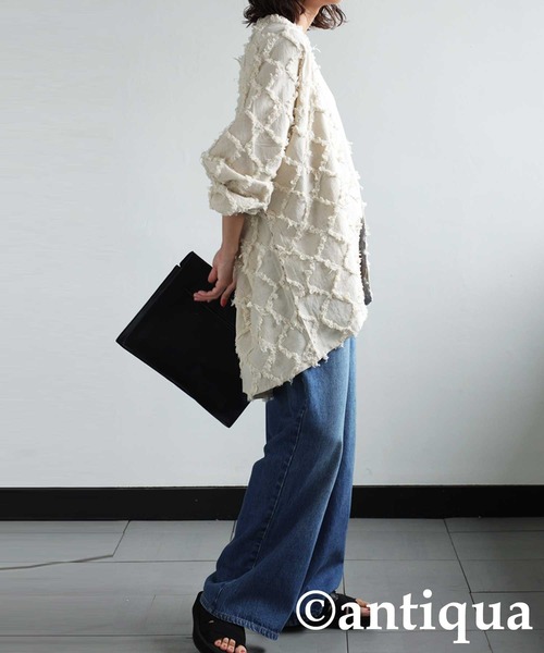 antiqua（アンティカ）の「綿麻フリンジジャケット（テーラードジャケット・レディース・ブラック/ベージュ・FREE）」の10枚目の写真