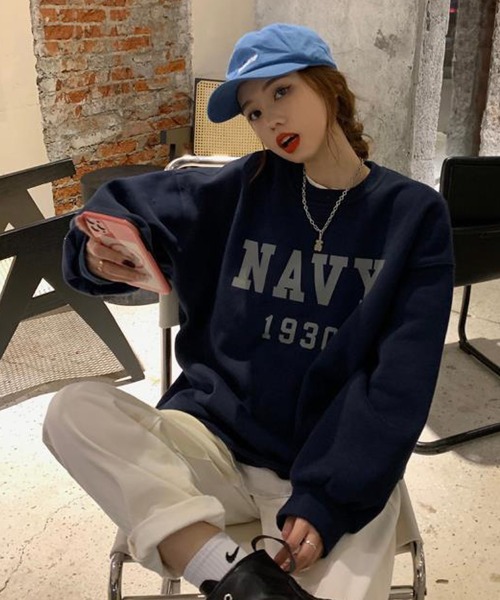 meJane（ミージェーン）の「ビックレタリングデザインスウェットトレーナー（スウェット・レディース・ネイビー/霜降りグレー・FREE）」の7枚目の写真