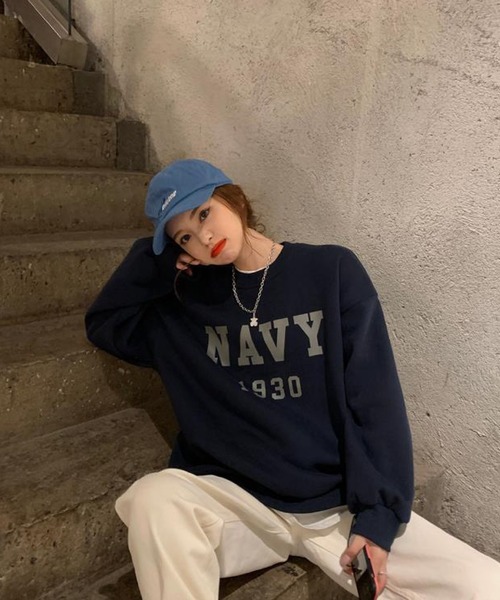 meJane（ミージェーン）の「ビックレタリングデザインスウェットトレーナー（スウェット・レディース・ネイビー/霜降りグレー・FREE）」の9枚目の写真