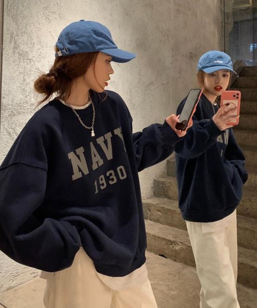 meJane（ミージェーン）の「ビックレタリングデザインスウェットトレーナー（スウェット・レディース・ネイビー/霜降りグレー・FREE）」の15枚目の写真