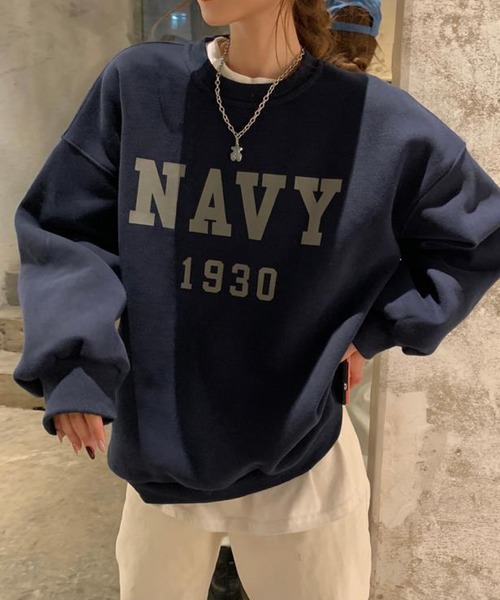 meJane（ミージェーン）の「ビックレタリングデザインスウェットトレーナー（スウェット・レディース・ネイビー/霜降りグレー・FREE）」の4枚目の写真