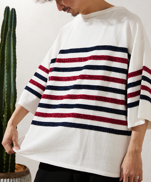 JOURNAL STANDARD relume（ジャーナルスタンダード　レリューム）の「モールヤーンボーダーバスクニット（ニット/セーター・メンズ・チャコールグレー/ホワイト/カーキ・MEDIUM/LARGE）」の2枚目の写真