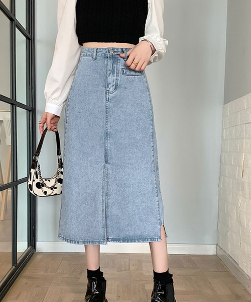 NinaetLina（ニナエリナ）の「スリット入りミモレ丈デニムスカート（スカート・レディース・サックスブルー・S/M/L/XL）」の4枚目の写真