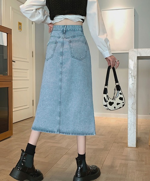 NinaetLina（ニナエリナ）の「スリット入りミモレ丈デニムスカート（スカート・レディース・サックスブルー・S/M/L/XL）」の5枚目の写真