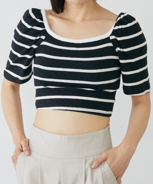 mebole(メボレ)の「パフスリーブクロップド丈ボーダートップス(Tシャツ/カットソー・レディース・ブラック/ホワイト・FREE)」の2枚目の写真