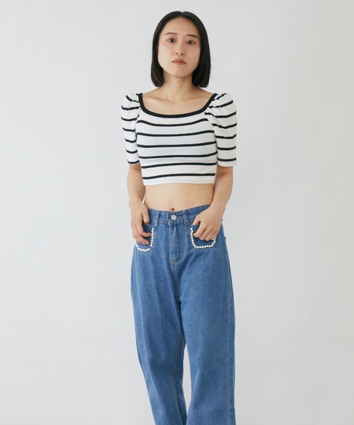 mebole(メボレ)の「パフスリーブクロップド丈ボーダートップス(Tシャツ/カットソー・レディース・ブラック/ホワイト・FREE)」の7枚目の写真