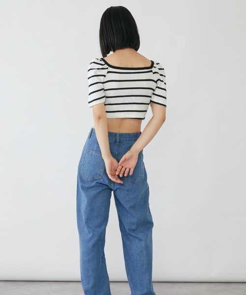 mebole(メボレ)の「パフスリーブクロップド丈ボーダートップス(Tシャツ/カットソー・レディース・ブラック/ホワイト・FREE)」の8枚目の写真