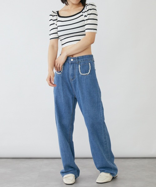 mebole(メボレ)の「パフスリーブクロップド丈ボーダートップス(Tシャツ/カットソー・レディース・ブラック/ホワイト・FREE)」の10枚目の写真