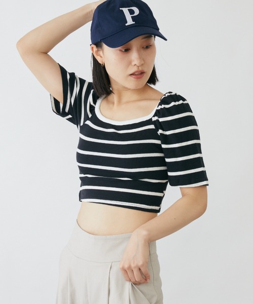 mebole(メボレ)の「パフスリーブクロップド丈ボーダートップス(Tシャツ/カットソー・レディース・ブラック/ホワイト・FREE)」の11枚目の写真