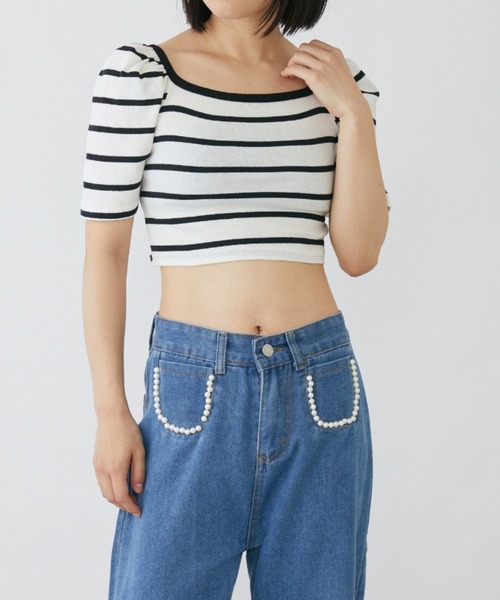 mebole(メボレ)の「パフスリーブクロップド丈ボーダートップス(Tシャツ/カットソー・レディース・ブラック/ホワイト・FREE)」の3枚目の写真