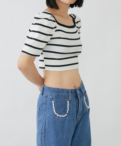 mebole(メボレ)の「パフスリーブクロップド丈ボーダートップス(Tシャツ/カットソー・レディース・ブラック/ホワイト・FREE)」の18枚目の写真