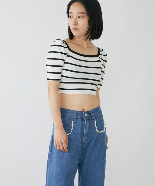 mebole(メボレ)の「パフスリーブクロップド丈ボーダートップス(Tシャツ/カットソー・レディース・ブラック/ホワイト・FREE)」の19枚目の写真