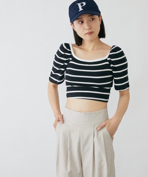 mebole(メボレ)の「パフスリーブクロップド丈ボーダートップス(Tシャツ/カットソー・レディース・ブラック/ホワイト・FREE)」の20枚目の写真