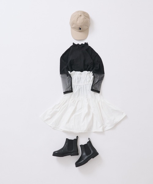 CIAOPANIC TYPY（チャオパニックティピー）の「【KIDS】シアーボーダー袖切替チュールハイネック（Tシャツ/カットソー・キッズ・チャコールグレー/アイボリー・S/M/L/XL/XXL）」の5枚目の写真