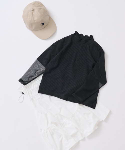 CIAOPANIC TYPY（チャオパニックティピー）の「【KIDS】シアーボーダー袖切替チュールハイネック（Tシャツ/カットソー・キッズ・チャコールグレー/アイボリー・S/M/L/XL/XXL）」の20枚目の写真