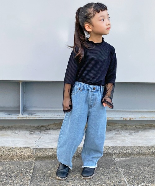 CIAOPANIC TYPY（チャオパニックティピー）の「【KIDS】シアーボーダー袖切替チュールハイネック（Tシャツ/カットソー・キッズ・チャコールグレー/アイボリー・S/M/L/XL/XXL）」の16枚目の写真