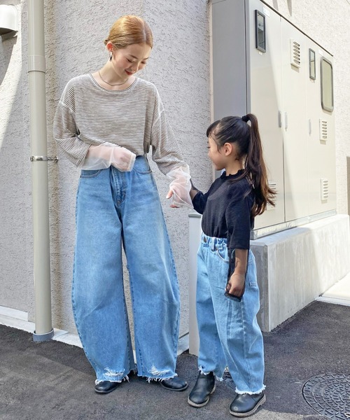 CIAOPANIC TYPY（チャオパニックティピー）の「【KIDS】シアーボーダー袖切替チュールハイネック（Tシャツ/カットソー・キッズ・チャコールグレー/アイボリー・S/M/L/XL/XXL）」の17枚目の写真